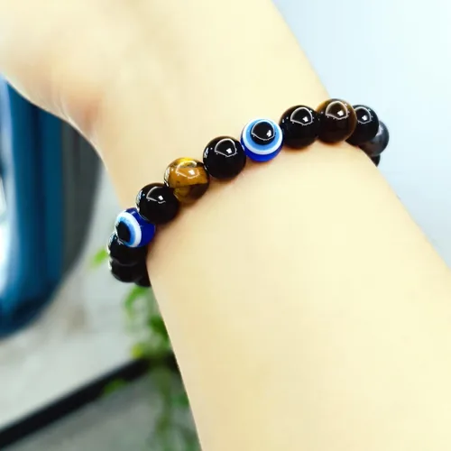 Vista 73 de Pulseras de triple protección con piedra de ojo de tigre de obsidiana negra con hematita para hombres y mujeres, pulsera de piedra curativa
