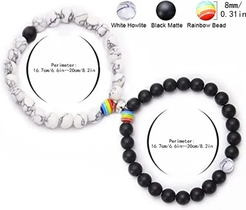 Vista 6 de Disfraz de collar de diamantes a la moda negro blanco arco iris imán de cuentas de hierro para parejas conjunto de pulseras de cuentas de arco iris