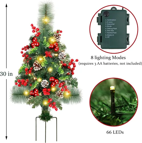 Vista 2 de GUOOU - Juego de 2 jarrones de árbol de Navidad para camino, árboles de Navidad artificiales iluminados mini con luces, decoraciones de Navidad al