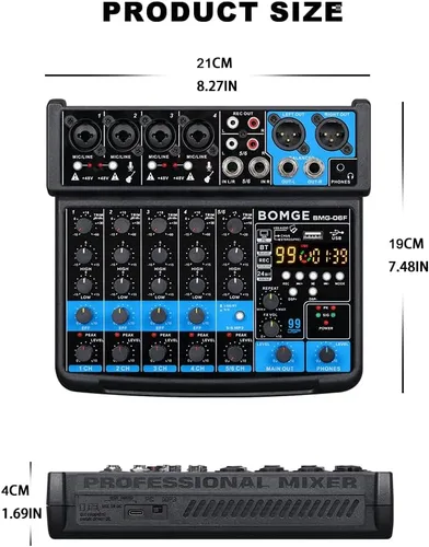 Vista 8 de BOMGE Consola mezcladora de sonido mini DJ Audio de 6 canales con interfaz USB, Bluetooth, grabación estéreo, alimentación fantasma de 48V, 99
