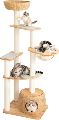 Vista 6 de Árbol moderno para gatos grandes, torre para gatos de 60 pulgadas de alto con poste rascador para gatos de interior, condominio para gatos de varios