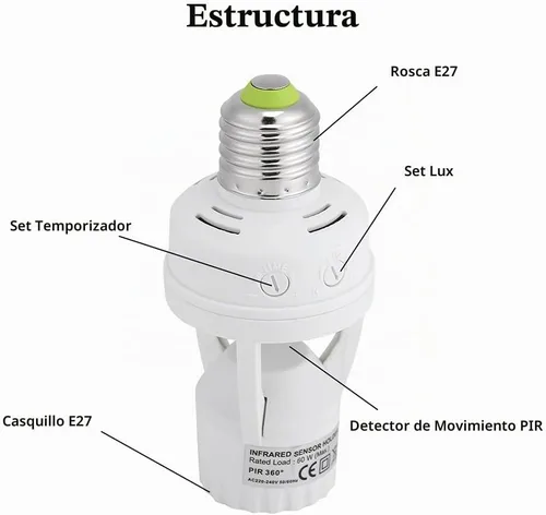 Vista 7 de Toma de luz con sensor de movimiento PIR, soporte de bombilla de tornillo E27 LED PIR sensor de movimiento infrarrojo interruptor de lámpara