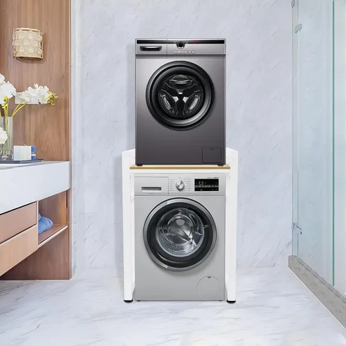 Vista 2 de Soporte apilable para lavadora y secadora, estantes resistentes para lavadora y secadora con estante ajustable, para lavandería, apartamentos