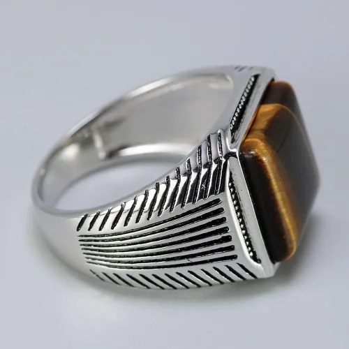 Vista 4 de Anillo de plata para hombre Piedra natural de ojos de tigre Anillo turco Anillo retro grabado geométrico por Fantasy World, Metal precioso, ojo