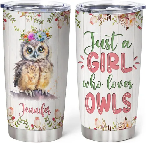 Vista 21 de Hyturtle Vaso personalizado para amantes de los búhos, vaso de café de acero inoxidable con nombre personalizado, 20 onzas con tapa, ideal como