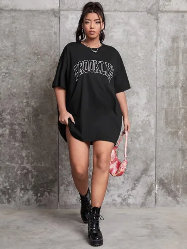 Vista 5 de Verdusa Camiseta de gran tamaño con estampado de letras y hombros caídos para mujer