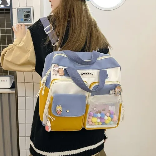 Vista 2 de Mochila Kawaii con dije de peluche, bonita bolsa cruzada estética para mensajero para el regreso a la escuela, suministros para la estación, Azul