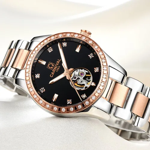Vista 4 de Carnival Reloj de mujer con esqueleto mecánico automático, cristal de zafiro sintético, oro rosa, acero inoxidable, impermeable, color blanco