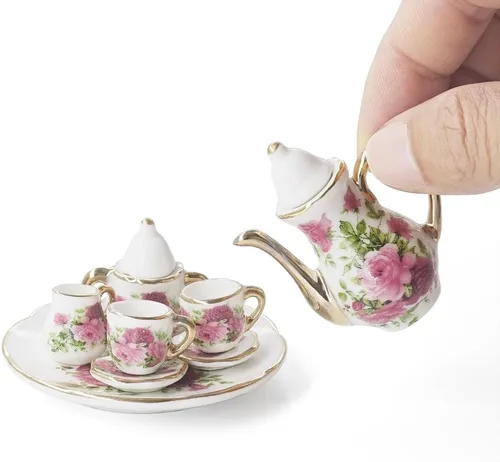 Vista 5 de Odoria Juego de té de porcelana en miniatura 1/6, 8 piezas, accesorios de decoración de casa de muñecas, rosa roja Multicolor