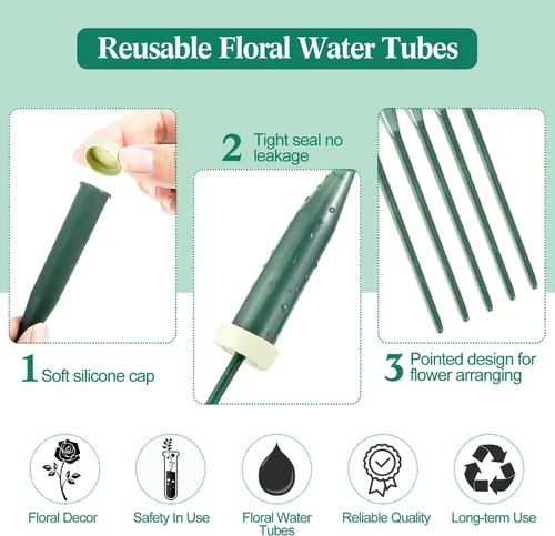 Vista 4 de 144 tubos de agua florales verdes, tubos de flores de plástico para flores frescas con tapa de goma para arreglos de tallos florales, 2 tamaños
