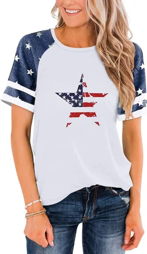 Vista 2 de BANGELY - Camiseta de la bandera americana, camisas patrióticas, camisa de veteranos, raglán, manga corta, rayas y estrellas