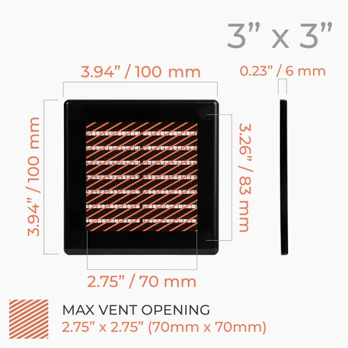 Vista 2 de Paquete de 2 cubiertas cuadradas de ventilación de aire de 4" x 4" (tamaño exterior) - Deflector de ventilación de plástico negro - Malla