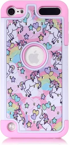 Vista 2 de Compatible con iPod Touch 5, 6ª, iPod 7ª generación, diseño de unicornio arco iris, a prueba de golpes, con diamantes de imitación, funda híbrida