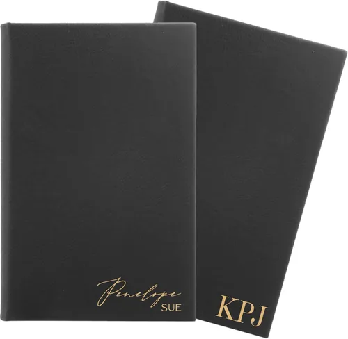 Vista 5 de Diario de cuero sintético grabado personalizado. Bloc de notas con nombre personalizado. Diario grabado (negro y dorado)