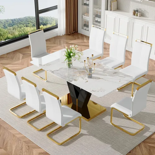 Vista 8 de gopop Juego de mesa de comedor para 8, moderno juego de mesa de comedor de mármol de 71 pulgadas, mesa rectangular grande de vidrio y 8 sillas