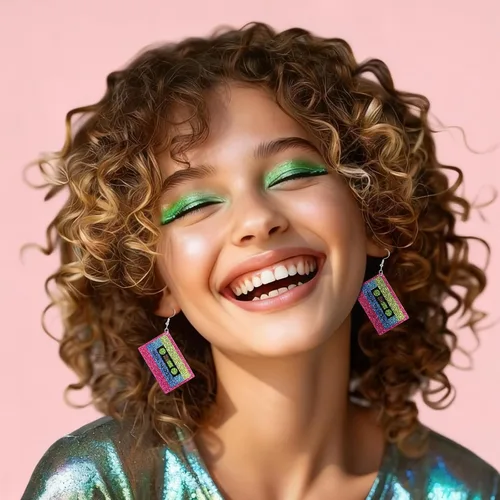 Vista 5 de Neon Earrings 80s 90s Earrings for Women Retro Acrylic Cassette Tape Style Radio Drop Earring Neon Jewelry for 80s90s Halloween Cosplay Glow Party