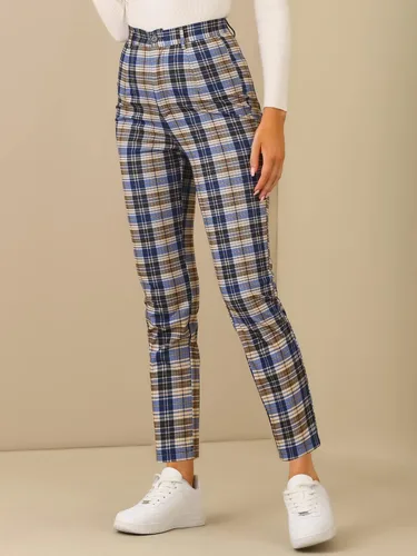 Vista 2 de Allegra K Pantalones cortos a cuadros para mujer, con botones, casuales, de tartán