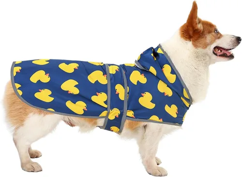 Vista 31 de Impermeable para perros pequeños y cachorros, chaqueta impermeable con capucha con tiras reflectantes, agujero para la correa y poncho de ajuste