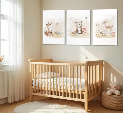 Vista 2 de MIZILI Lienzo de animales del bosque para cuarto de bebé, arte de pared, pinturas de animales salvajes, acuarela, decoración de pared, oso zorro