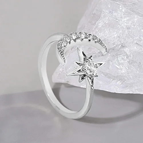 Vista 3 de Anillos de luna cúbica para mujer anillo abierto AAAA circonita cúbica luna y estrella abierta ajustable para EE UU 5-9 Metal Metal Cristal Zirconia