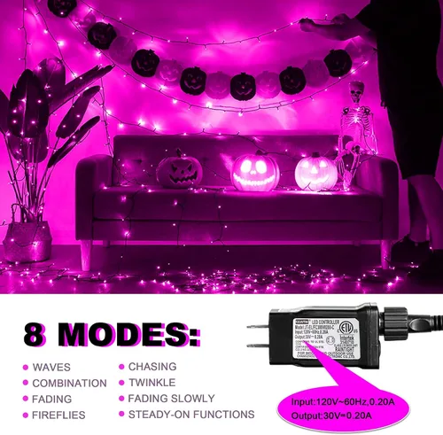 Vista 4 de kemooie 500 luces LED de Navidad rosadas, luces de Navidad de 164 pies para exteriores, enchufables, impermeables, con 8 modos de parpadeo
