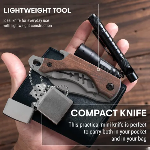 Vista 9 de Cuchillo de bolsillo pequeño para hombres – Cuchillo de llavero de 5.7 pulgadas con abridor de botellas – Cortador de cajas – Mango de madera