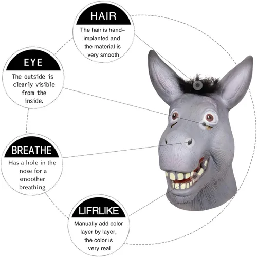 Vista 6 de Molezu Shrek - Máscara de burro para Halloween, disfraz de lujo, fiesta de disfraces, cosplay, cabeza de animal de látex para adultos