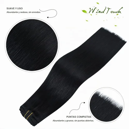 Vista 2 de WindTouch - Extensiones de cabello humano liso con pinzas, color negro azabache, 2.47 onzas, N.° 1, 12 pulgadas, 7