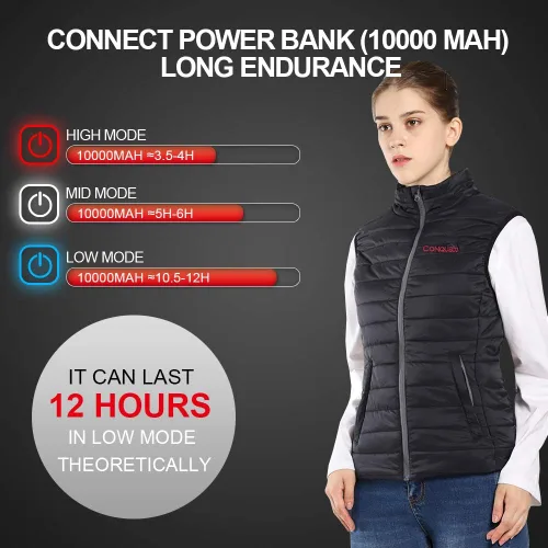 Vista 3 de CONQUECO Chaleco calefactable, chaleco térmico ligero para mujer con batería