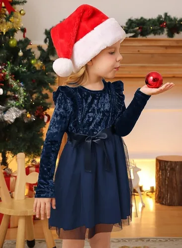 Vista 5 de IIMMER Vestido midi de tul de manga larga con volantes de terciopelo para niñas pequeñas de Navidad