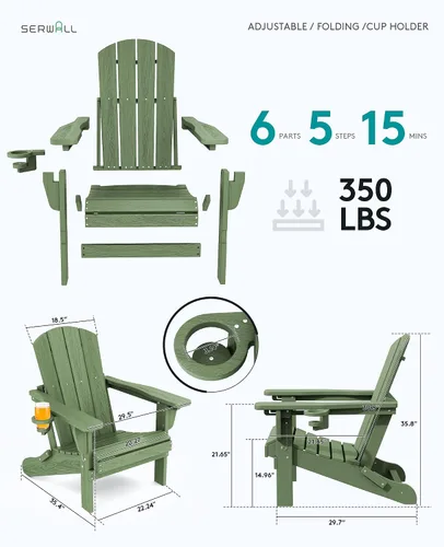 Vista 6 de SERWALL Silla Adirondack plegable ajustable, silla Adirondack reclinable con 3 posiciones reclinables, HDPE para todo tipo de clima, Adirondack