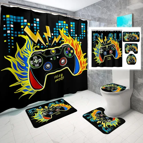 Vista 16 de BATATADOCE Juego de baño Gaming con cortina de ducha y alfombras para niños