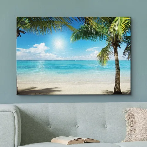 Vista 2 de wall26 - Lienzo decorativo para el hogar con aguas azules tropicales enmarcadas por palmeras, 12 x 18 pulgadas
