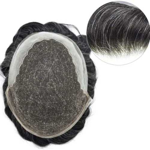 Vista 5 de Toupee para hombres, sistema de reemplazo de cabello humano Remy, nudos blanqueados, encaje frontal, piel fina, para hombre, color gris, pelucas