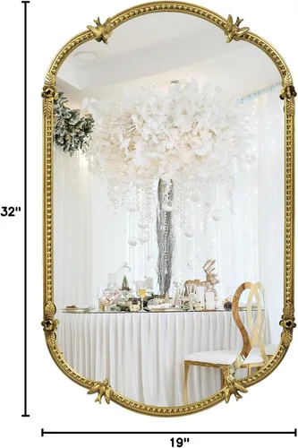 Vista 8 de Espejo de pared ovalado dorado de 19 x 32 pulgadas, espejo decorativo con marco de cuentas de metal, bonito patrón de pájaros y flores, espejo