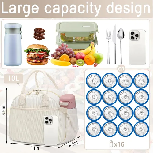 Vista 4 de Carry bloom Lonchera para mujer, lonchera aislada, bonita lonchera de pana reutilizable para el trabajo (1 rayas blancas y negras)