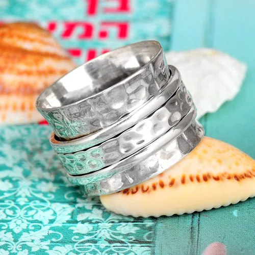 Vista 6 de Boho-Magic Anillo giratorio de plata de ley 925 para mujer, martillado ancho anillo para ansiedad, Metal