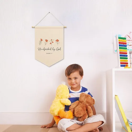 Vista 5 de Lienzo cristiano para guardería, escogido a mano por Dios, decoración de habitación de bebé y niños, letrero de bandera beige para colgar, arte