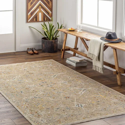 Vista 8 de Hauteloom Kunzite - Alfombra de área para sala de estar, dormitorio, borde de medallón floral geométrico envejecido, tradicional oriental de Marrón