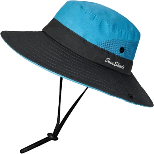 Vista 21 de Sombrero de pesca de playa de ala ancha para mujer, con protección UV, plegable, con agujero para cola de caballo