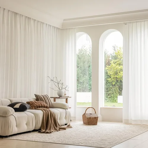 Vista 25 de 2 paneles de cortinas traslúcidas blancas de 54 pulgadas de largo, paneles transparentes de lino con textura para ventana, cortinas plisadas