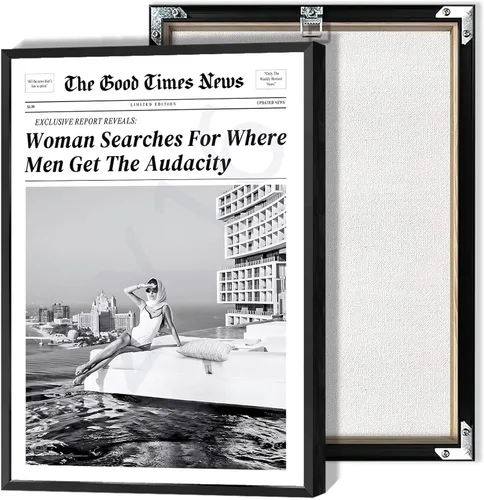 Vista 16 de Lienzo de periódico vintage para pared, diseño de mujer que busca dónde los hombres obtienen la audacia, pósteres retro en blanco y negro del New