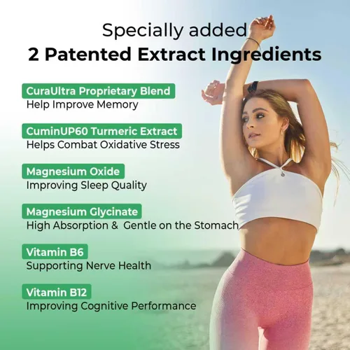 Vista 4 de Óxido de magnesio y glicinato extra fuerte, suplemento de magnesio de alta absorción con vitamina, cúrcuma, curaUltra para memoria, enfoque