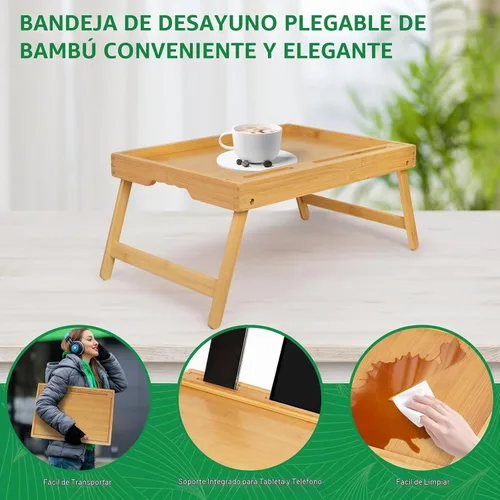 Vista 3 de Artmeer Bandeja de cama con patas plegables, bandeja de bambú para desayuno con ranura multimedia, uso como plato, escritorio para laptop