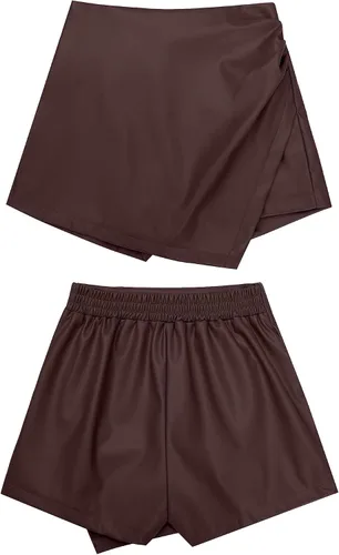 Vista 6 de luvamia Pantalones cortos para mujer de piel sintética de cintura alta, pantalones cortos de piel sintética, cintura elástica, faldas fruncidas