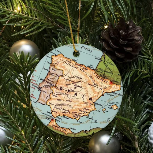 Vista 5 de Adorno de Navidad con mapa de España, adorno de árbol de Navidad, destino de 3.2 pulgadas, dos lados impresos con cuerda dorada, adorno moderno