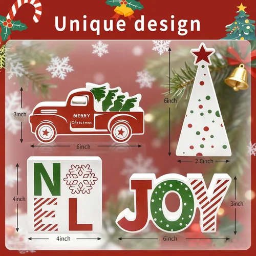 Vista 8 de 4 piezas de decoración de mesa de Navidad para interiores, camión rojo de madera, bandeja escalonada de invierno, decoración rústica de árbol