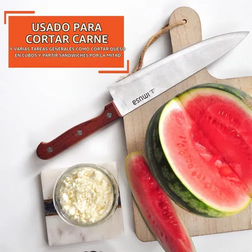 Vista 5 de IMUSA Cuchillo de chef de acero inoxidable de 8 pulgadas con mango de madera Acabado pulido, mango ergonómico de castaño, corte de precisión