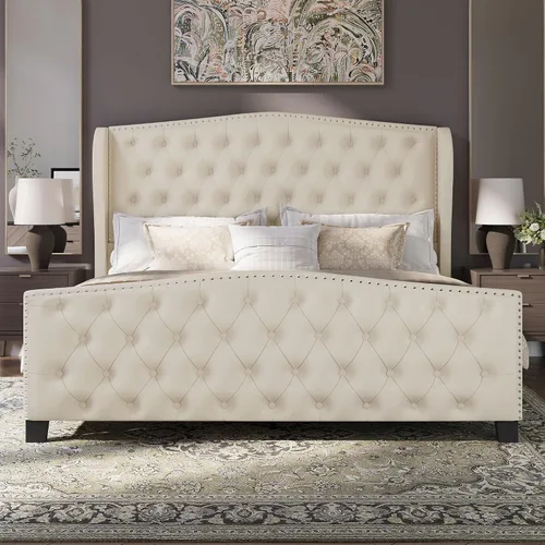 Vista 9 de BRELTAM Marco de cama tapizado tamaño Queen en terciopelo color beige con cabecera y pie de cama acolchados con botones profundos y soporte