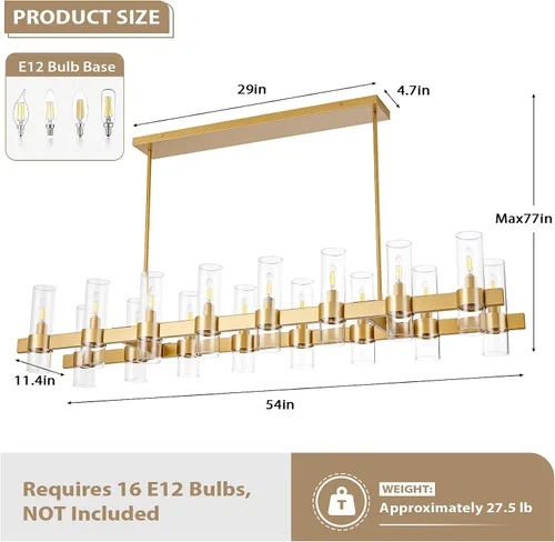 Vista 5 de Candelabros Lineales Dorados para Comedor, Candelabro Rectangular de 54" con Vidrio, Candelabros Modernos de 16 Luces Sobre Mesa, Candelabro